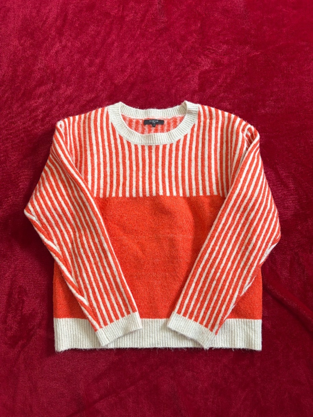 FRNCH Paris Womens S/M Orange White Striped Block Knit Crewneck Sweater Retro
